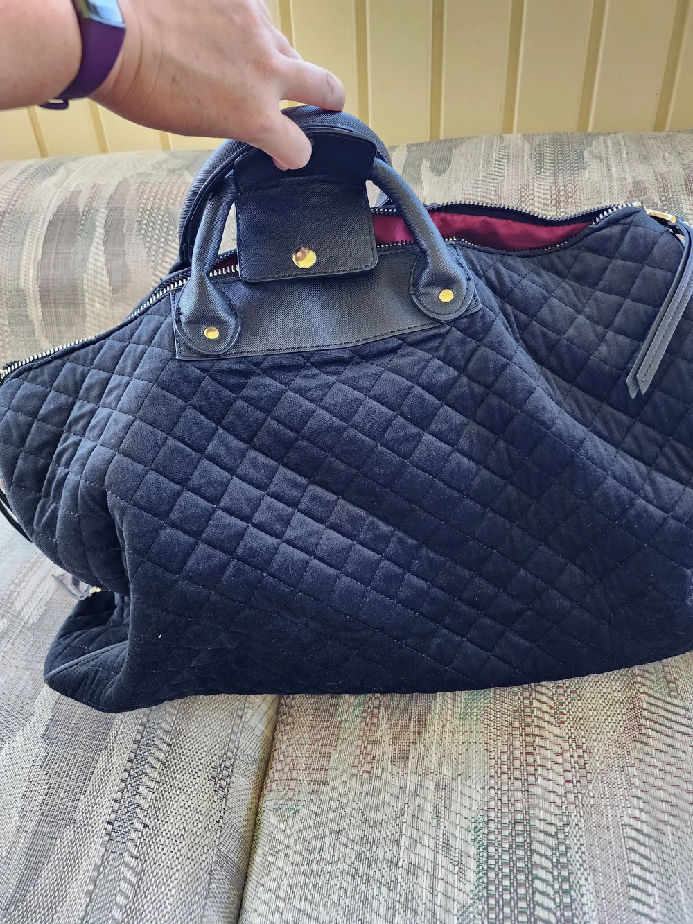 Adrienne Vittadini Quilted Velvet Black Overnight Luggage Bag